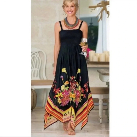 Soft Surroundings Black Maya Riviera Smocked Floral Tropical Vacation Maxi Dress - Picture 2 of 7